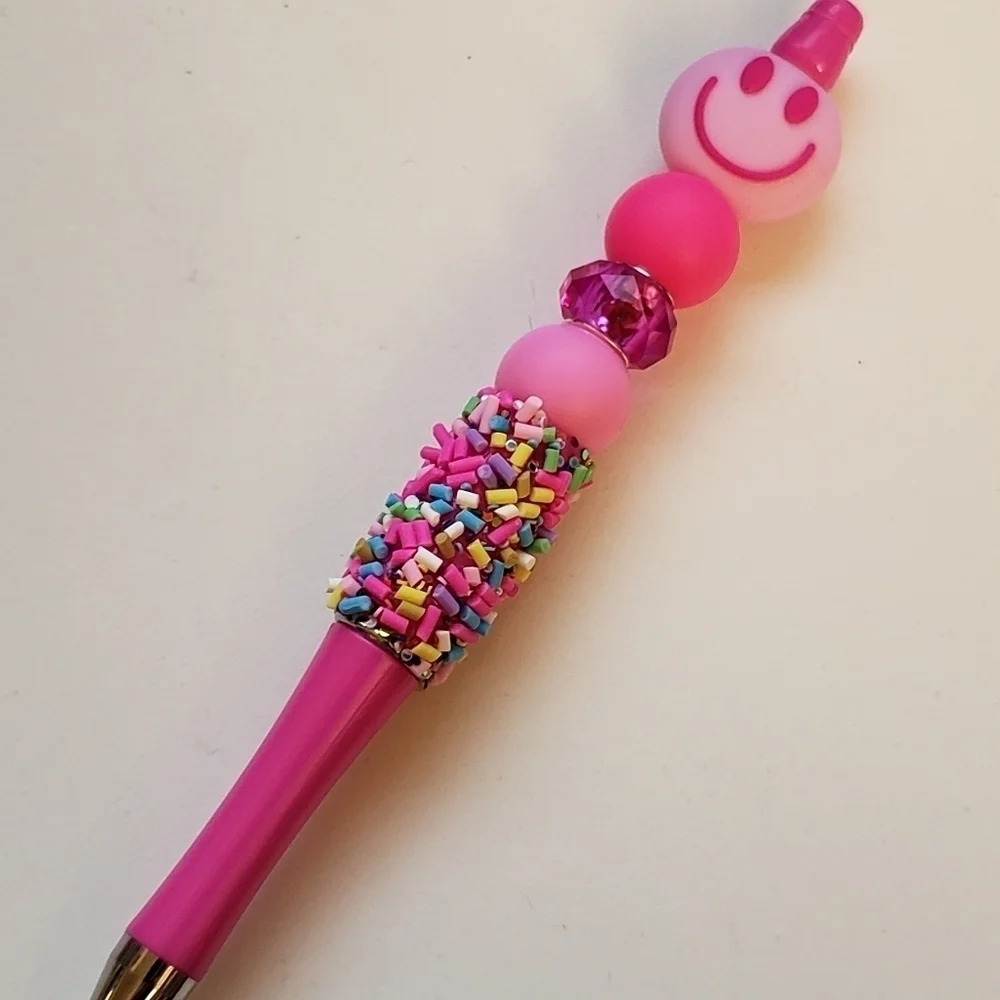 Handmade Pink Smiley Face Confetti Sprinkles Beaded Silicone Focal Bead Pen